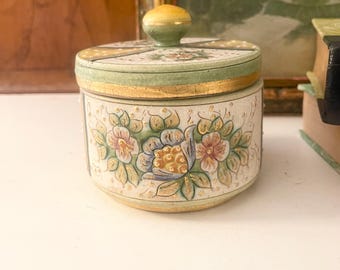 Vintage Hand Painted Pottery Box, Trinket Box, Floral Yellow and Green Round Box, Grandmillennial Gift, Mother's Day Gift