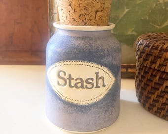 Vintage Dr. Brophy's "Stash" Sentiment Word Jar, Birthday Gift, Pottery Container With Cork Top