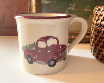 Vintage  Hartstone  Pottery USA Christmas Mug, Red Truck with Tree, Christmas Mug, Holiday Gift,