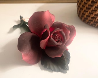Vintage Capodimonte Porclain Red Rose, Italian Hand Made Porcelain Art