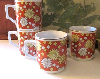 Retro Vintage Set of Four Daisy Mugs, Flower Power Mugs, Tea or Coffee Stack Mugs, Boho Chic Mugs