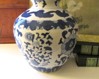 Vintage Blue and White Chinoiseire, Chinese Imports, Grandmillennial Decor, Oriental Vase, Hand Painted Chinoiserie Chic Decor