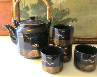 Vintage Otagiri Japan "Seagull" Tea Set, Blue and Gold Porcelain, Rattan Handle, Grandmillennial Tea, Vintage Gift, Chinoiserie