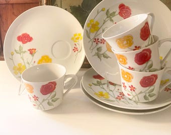 Vintage Seymour Mann "Flower Garden"  Mug Snack Set, Four 1980's Red and Yellow Flowers Coffee Mug and Plate, Post Modern Tea Set
