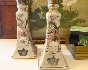 Vintage Oriental Crane Lotus Floral Candlestick Holders, Entry Table Decor, Chinoiserie Macau Candlesticks, Mantel Decor, Grandmillennial