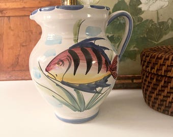 Vintage Vietri Italy Pitcher, Hand Painted Jug, Tropical Beach Decor, Vietri Al Mare Collection