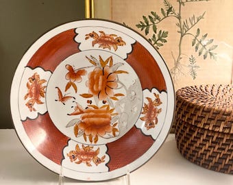 Vintage Chinoiserie Porcelain Brass Bowl, Red Floral Wall Art Dish