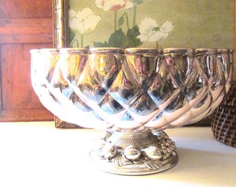 Vintage Fautliu Italy Silver Plated Footed Bowl, Pineapple Style Centerpiece Bowl, Hollywood Regency