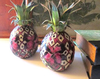 Vintage Cloisonné Pineapple Candle Holders, Fushia, Rose, and Green Pair of Candlesticks, Palm Beach Chic, Chinoiserie, Glam Decor