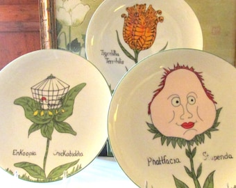 Vintage Set of Three Tastesetter by Sigma "Nonsense" Plates, Franci Villa Vanilla, Phattfacia, EnKoopia, Tigerhilla, Wall Decor