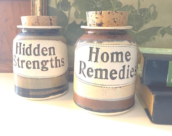 Vintage 1991 Dr. Brophy's Word Jars, Pottery Jar, "Home Remedies or Hidden Strengths", Brophy Clay Things, Inc, Sold Separately, Cork Jar