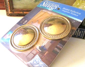 Vintage Pair of NOS Brass Curtain Medallion Curtain Tie Backs, Graber "Sensational Swags", Drapery Holdbacks