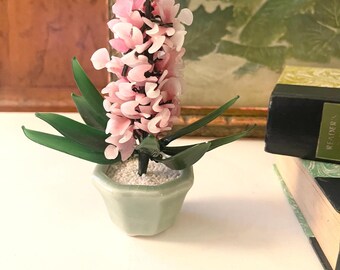 Vintage Miniature Pink Glass Hyacinth Art Objet, Small Green Foliage in Celadon  5"Pot, Floral Birthday Gift, Oriental Glass Flower