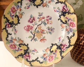 Antique Yellow Chinoiserie Cauldon England Ironstone Dinner Plate, Multi Colored Transferware, Aesthetic Design, W H Plummer