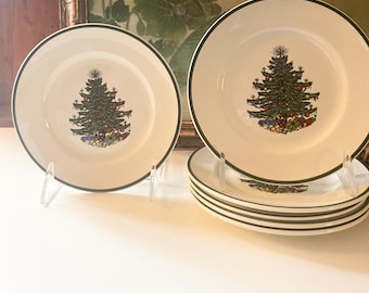 Vintage Cuthbertson England Set of Six "Original Christmas Tree" Bread and Butter Plates, Holiday Dinnerware, Christmas China