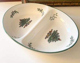 Vintage Spode England Divided Serving Dish, Oven Ware "Christmas Tree" Vegetable Bowl, Holiday Dinnerware, Christmas China