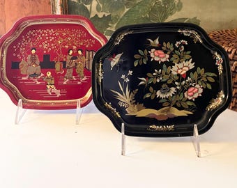 Two Vintage England Elite Chinoiserie Chic Tole Metal Trays, Black Flowers, Red Oriental Design, Small Tray, Tea Tray