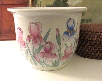 Vintage Fish Bowl Style Planter, Palm Beach Decor, Floral Ceramic Cachepot, Grandmillennial, Gift For Gardener
