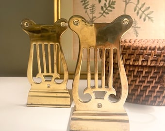 Vintage Brass Lyre Bookends, Harp Design, Musical Library Decor