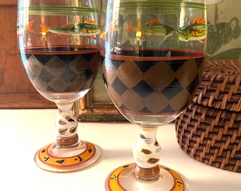Vintage Pair Zrike "Outpost" Fish Theme Goblets, Susan Riggsbee White, Lake House or Cabin Decor, Gift for Fisherman.