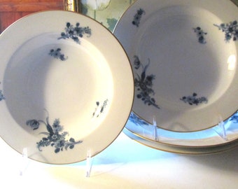 Set of Four Vintage Okura Art China Soup Bowls, Blue and White Floral Porcelain, Grandmillennial Dining
