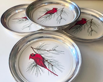 Vintage Sheridan Silver Red Cardinal Coaster Set, Four Silver and Tile Bird Coasters, Christmas Farmhouse Barware