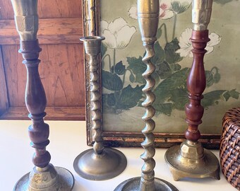 Vintage Collection of Brass Candlesticks, Barley Twist Candlestick Holders, Assembled Set, Grandmillennial Decor, BoHo Mantel Decor