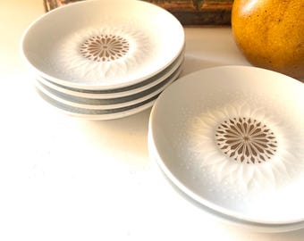 Vintage Kaiser Germany Set of Six Coasters or Butter Plates, W. Germany, Hollywood Regency Cream and Gold Small Plates, Vintage Barware