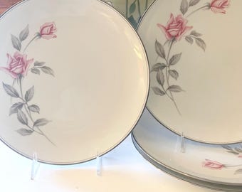 Four Vintage Noritake Japan "Rosemarie" Dinner Plates, Grandmillennial China, Mother's Day China, Pink Roses, Platinum Trim