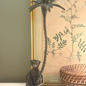 Vintage Monkey and Palm Tree Candlestick Holder, Chinoiserie Chic Decor