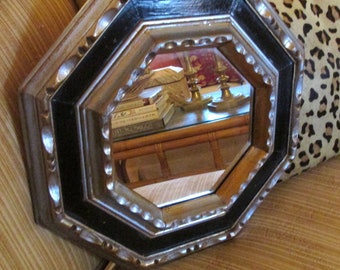 Vintage Octagonal Mirror, Black and Gold Florentine Style Mirror, Wall Gallery Decor, Accent Mirror, Hollywood Regency