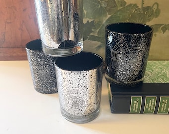 Set of Four Halloween Partylite Spider Web Tealight Candle Holders, NOS Boxed Set, Halloween Mantel Decor