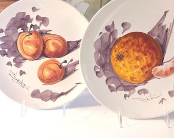 Vintage Pair of Italian Pottery Plates, Orange and Apple Fruit Plates, Hand Painted