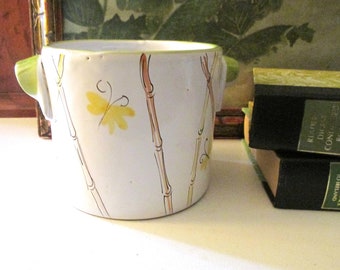Vintage Italian Pottery Planter, Hand Painted Cachepot, Bamboo and Butterfly, Kelly Green Trim, Grandmillennial,