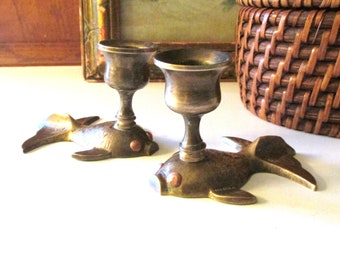 Vintage Koi Fish Candlestick Holders, Chinoisere Brass Low Fish Candleholders,