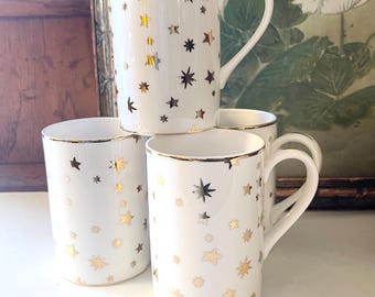 Four Vintage Gold Stars Mugs, “Galaxy” by Sakura, Holiday Tea or Coffee Mugs, Gilded Stars