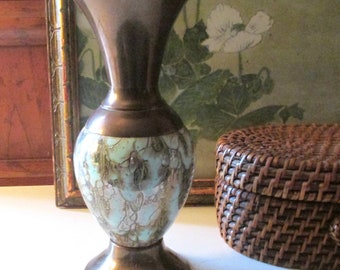 Vintage Holland Brass and Turquoise Ceramic Vase, Mid Century Modern Vase, Brass Delft Holland Vase