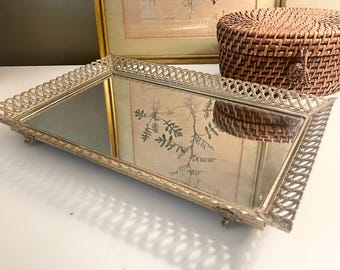 Vintage Mirrored Vanity Tray, Perfume Tray, Slender Wall Mirror, Rectangle Dresser Tray, Wall Gallery Decor, Grandmillennial