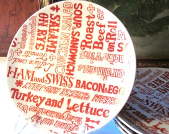 Four Seymour Mann "Sandwich" Plates, Vintage Red and White Retro Typography Plates, 1970's Kitchen Decor, Mod Pop Art Kitchen