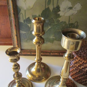Three Vintage Brass Candlestick Collection, Trio of Mixed Candleholders, Baldwin Brass, Mantel Decor, Hollywood Regency, Brass Decor image 2