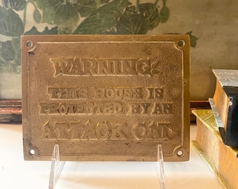 Vintage Vintage Solid Brass Warning This House Protected by an ATTACK CAT Door Wall Sign, Entrance Sign, Garden Decor