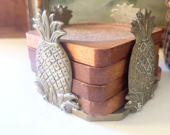Vintage Brass Pineapple and Wood Coaster Set, Four Cork Coasters and Holder, Tiki Decor, Tropical Decor, Vintage Barware