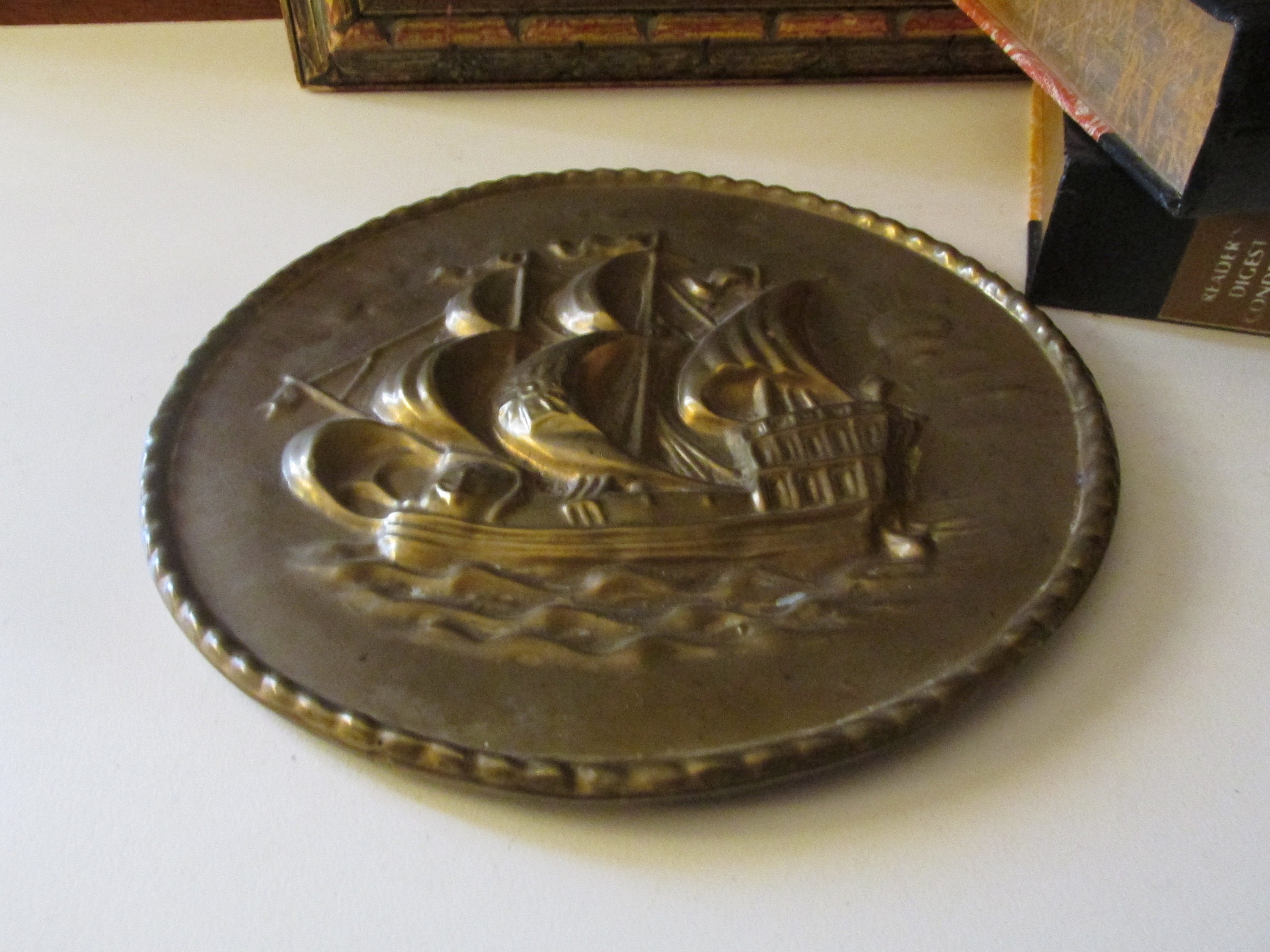 Vintage England Brass Plaque, Embossed Round Ship Motif Wall Decor