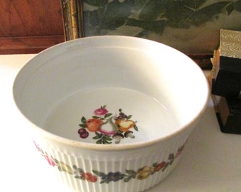 Vintage French Souffle Porcelain Bowl, Porcelaine De Paris, "Decor Les Quatre Laisons", Fruits and Floral Oven Ware