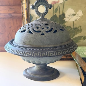 Vintage Virginia Metalcrafters Lidded Cachepot, Cast Iron Incense Burner, Greek Key Design, Verdigris Green, Jardiniere Planter