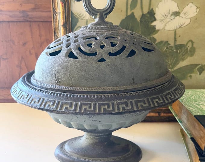Featured listing image: Vintage Virginia Metalcrafters Lidded Cachepot, Cast Iron Incense Burner, Greek Key Design, Verdigris Green, Jardiniere Planter