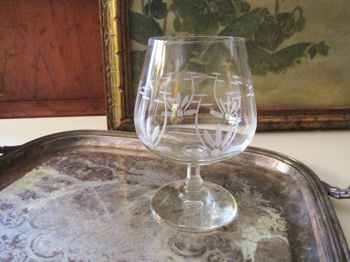 Vintage Set of Four Brandy Glasses Etched Glass Cognac Etsy
