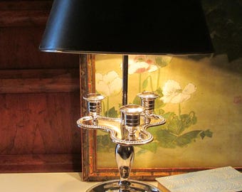 Vintage Chic Heart Themed Bouillotte Lamp, Silver Tone Mod Louis XIV Style Lamp, Hollywood Regency, Black Metal Shade, Home Office Decor