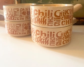 Vintage Mod Set of Four Chili Bowls with Handle, Retro Typography, Soup Bowls