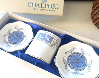 Vintage Coalport England "Revelry" Boxed Set, Cigarette Set or Small Vase, Toothpick Holder, Butter Pats, Blue & White Neoclassical Smalls
